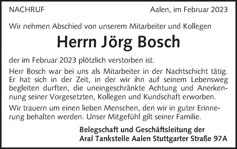  Traueranzeige für Jörg Bosch vom 14.02.2023 aus Schwäbische Post