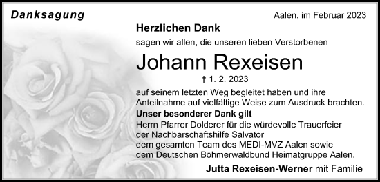Traueranzeige von Johann Rexeisen von Schwäbische Post