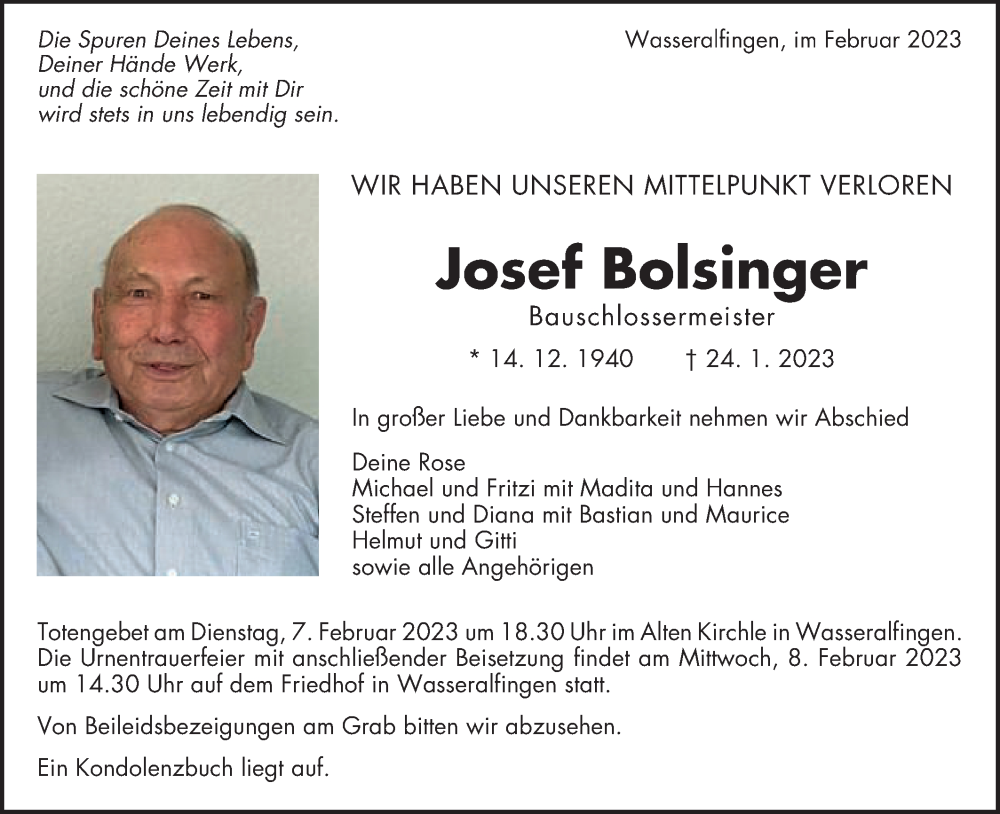  Traueranzeige für Josef Bolsinger vom 04.02.2023 aus Schwäbische Post