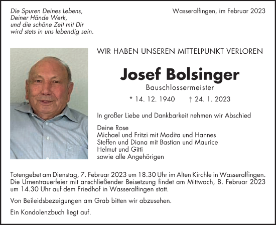 Traueranzeige von Josef Bolsinger von Schwäbische Post