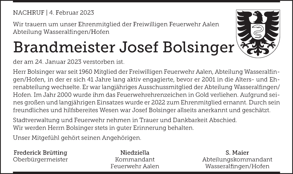  Traueranzeige für Josef Bolsinger vom 04.02.2023 aus Schwäbische Post