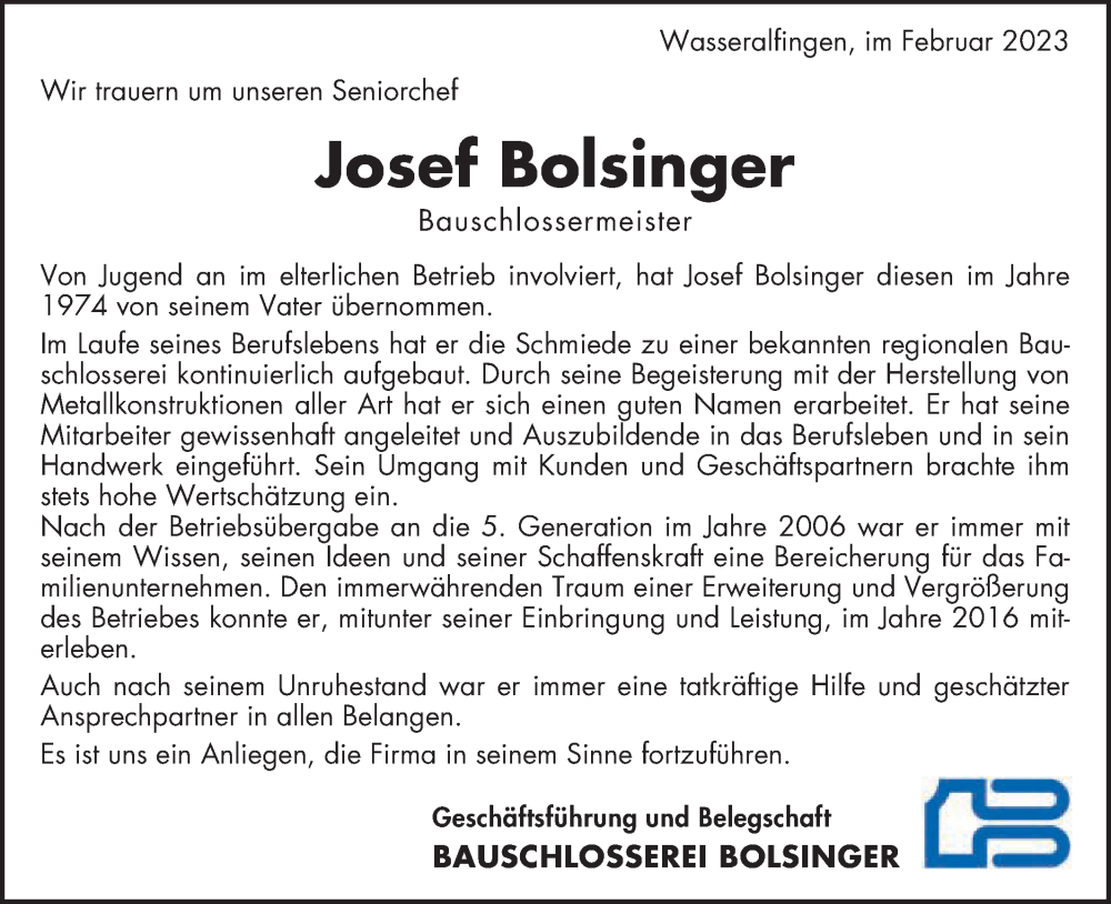  Traueranzeige für Josef Bolsinger vom 04.02.2023 aus Schwäbische Post