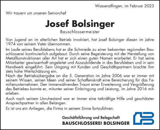 Traueranzeige von Josef Bolsinger von Schwäbische Post