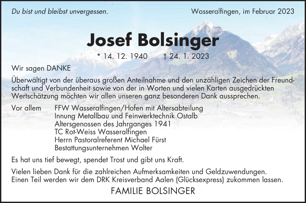  Traueranzeige für Josef Bolsinger vom 25.02.2023 aus Schwäbische Post