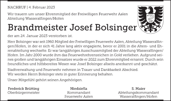 Traueranzeige von Josef Bolsinger von Schwäbische Post
