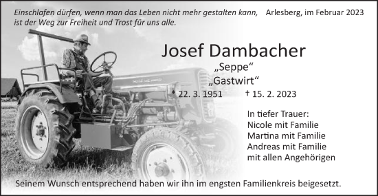 Traueranzeige von Josef Dambacher von Schwäbische Post