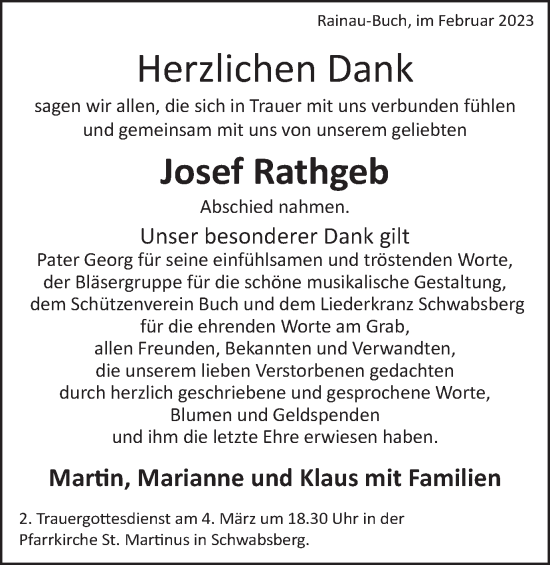 Traueranzeige von Josef Rathgeb von Schwäbische Post