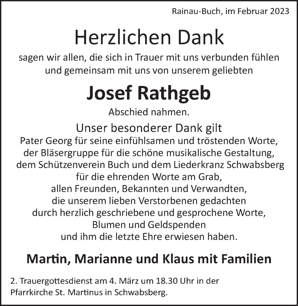  Traueranzeige für Josef Rathgeb vom 25.02.2023 aus Schwäbische Post