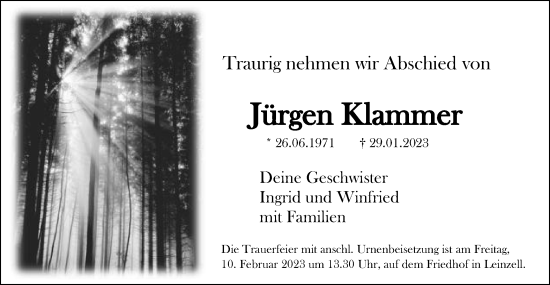 Traueranzeige von Jürgen Klammer von Gmünder Tagespost