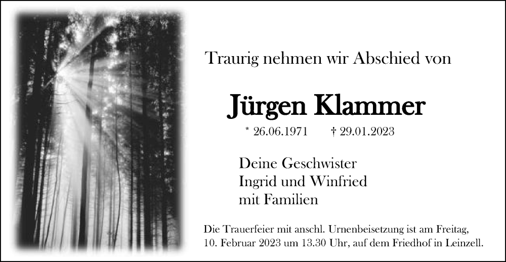  Traueranzeige für Jürgen Klammer vom 04.02.2023 aus Gmünder Tagespost