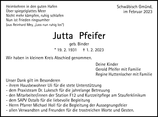 Traueranzeige von Jutta Pfeifer von Gmünder Tagespost