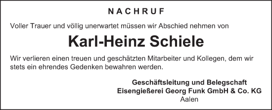 Traueranzeige von Karl-Heinz Schiele von Schwäbische Post