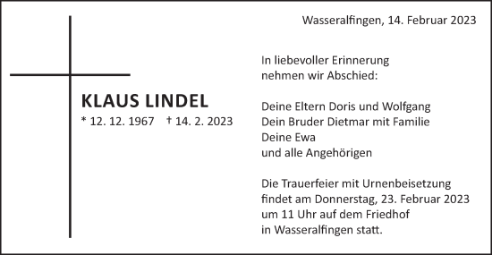 Traueranzeige von Klaus Lindel von Schwäbische Post