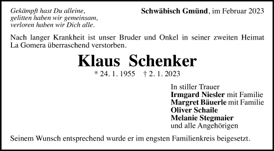 Traueranzeige von Klaus Schenker von Gmünder Tagespost