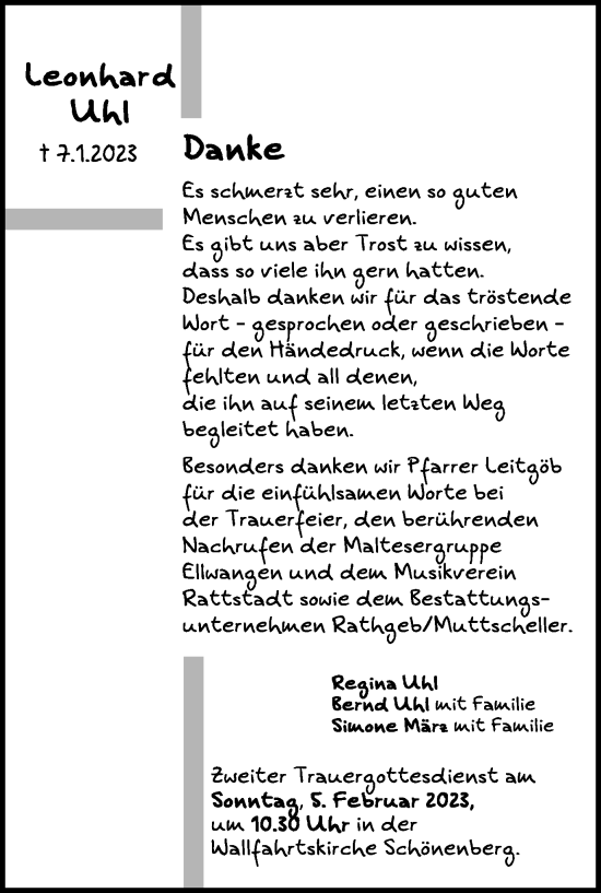Traueranzeige von Leonhard Uhl von Schwäbische Post