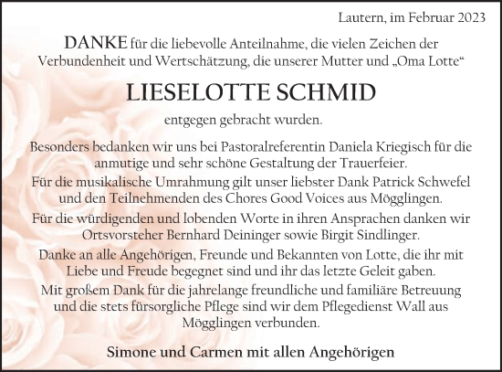 Traueranzeige von Lieselotte Schmid von Gmünder Tagespost