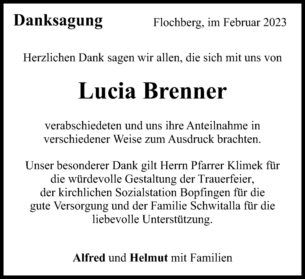  Traueranzeige für Lucia Brenner vom 21.02.2023 aus Schwäbische Post