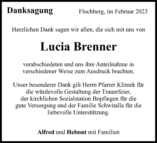 Traueranzeige von Lucia Brenner von Schwäbische Post