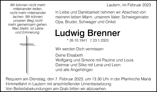 Traueranzeige von Ludwig Brenner von Gmünder Tagespost