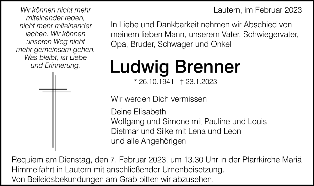  Traueranzeige für Ludwig Brenner vom 02.02.2023 aus Gmünder Tagespost