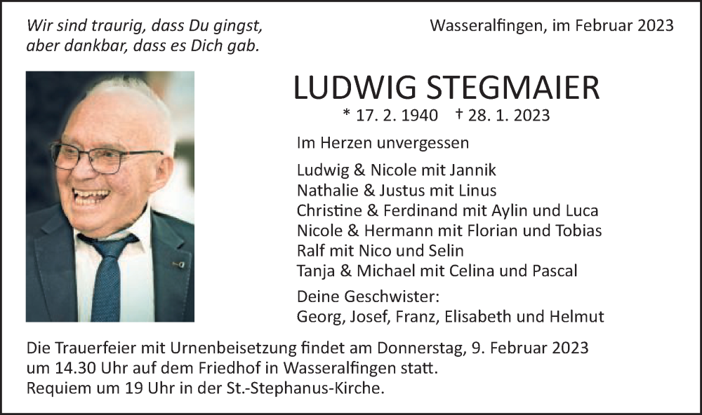  Traueranzeige für Ludwig Stegmaier vom 04.02.2023 aus Schwäbische Post