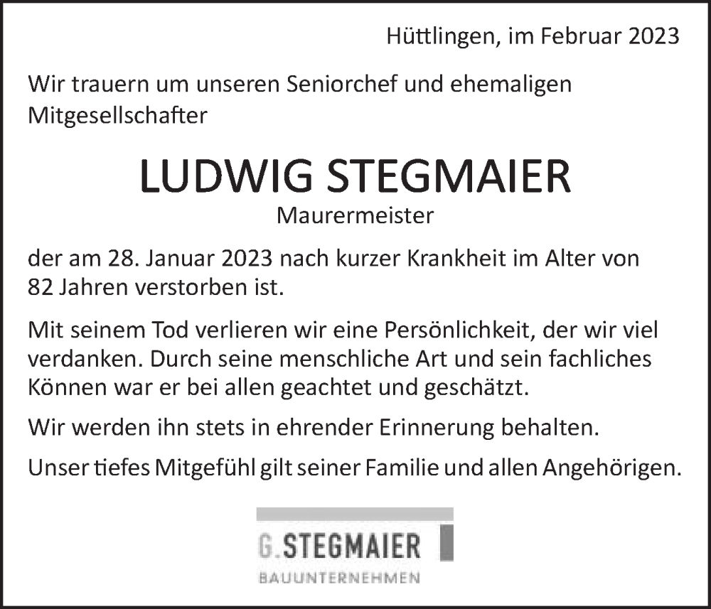  Traueranzeige für Ludwig Stegmaier vom 04.02.2023 aus Schwäbische Post