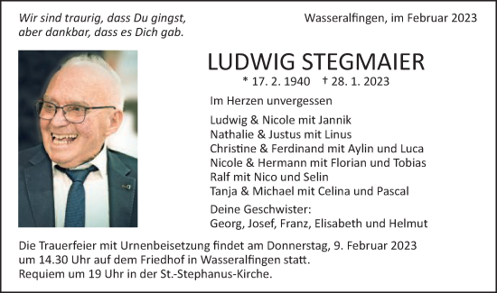 Traueranzeige von Ludwig Stegmaier von Schwäbische Post