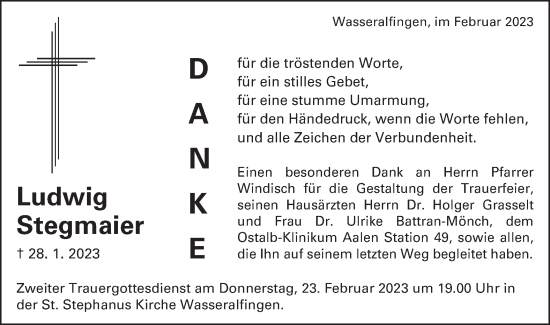 Traueranzeige von Ludwig Stegmaier von Schwäbische Post