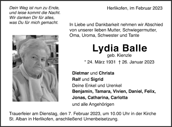 Traueranzeige von Lydia Balle von Gmünder Tagespost