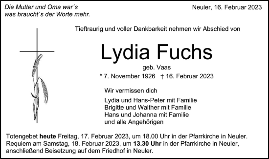 Traueranzeige von Lydia Fuchs von Schwäbische Post