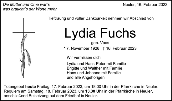 Traueranzeige von Lydia Fuchs