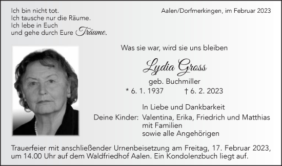 Traueranzeige von Lydia Gross von Schwäbische Post