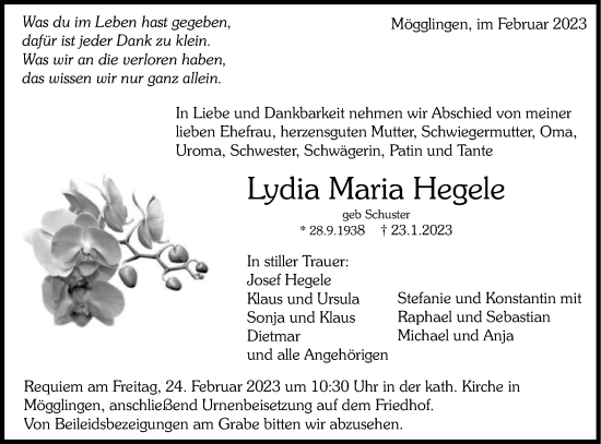 Traueranzeige von Lydia Maria Hegele von Gmünder Tagespost