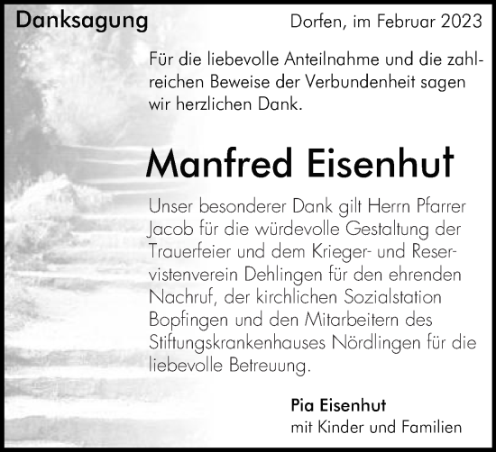 Traueranzeige von Manfred Eisenhut von Schwäbische Post