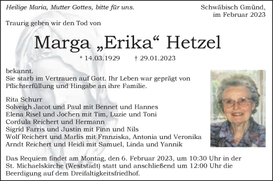 Traueranzeige von Marga Erika Hetzel von Gmünder Tagespost