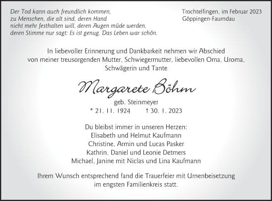 Traueranzeige von Margarete Böhm von Schwäbische Post