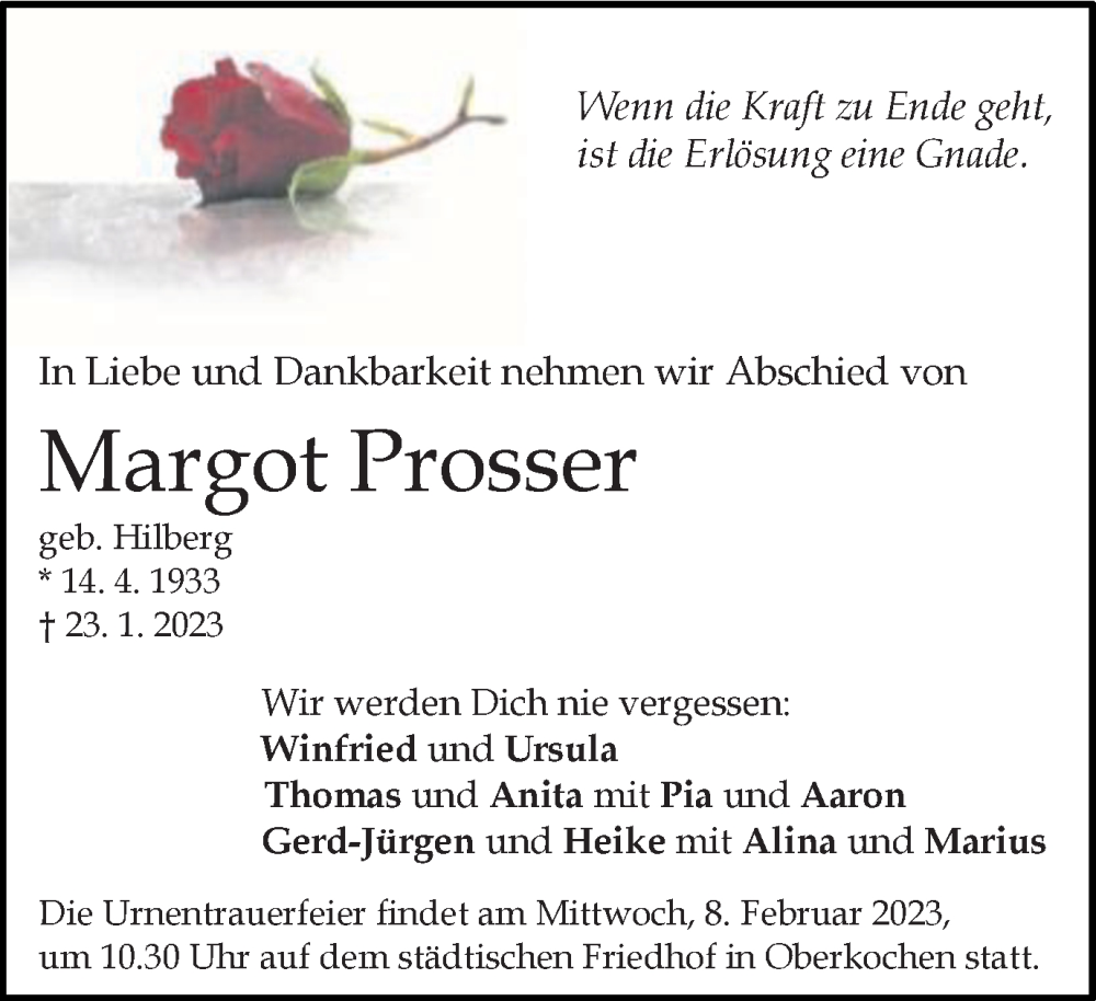  Traueranzeige für Margot Prosser vom 04.02.2023 aus Schwäbische Post