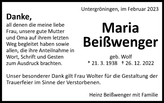 Traueranzeige von Maria Beißwenger von Kocher-Lein-Bote