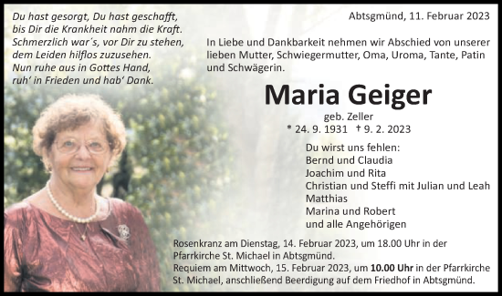 Traueranzeige von Maria Geiger von Schwäbische Post