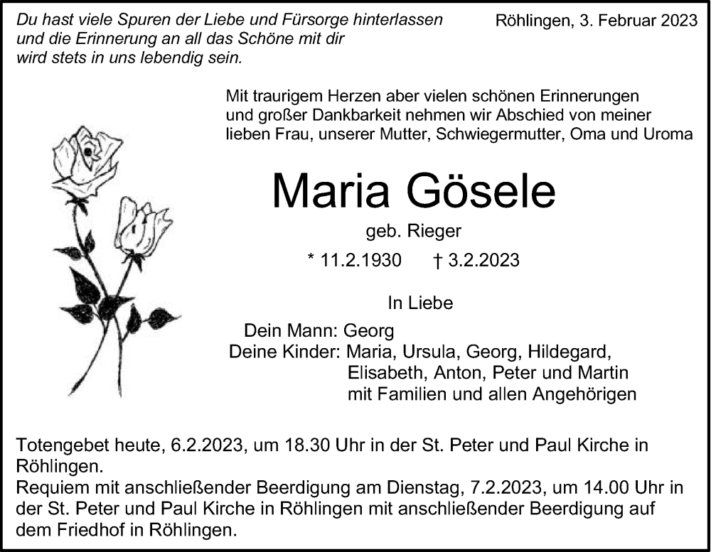  Traueranzeige für Maria Gösele vom 06.02.2023 aus Schwäbische Post