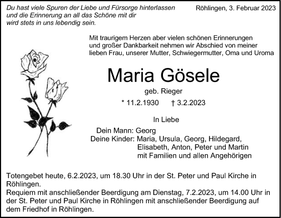 Traueranzeige von Maria Gösele