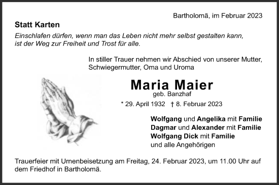 Traueranzeige von Maria Maier von Gmünder Tagespost