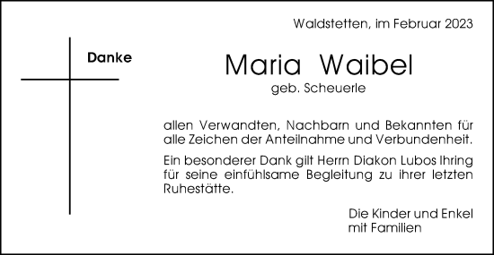 Traueranzeige von Maria Waibel von Gmünder Tagespost