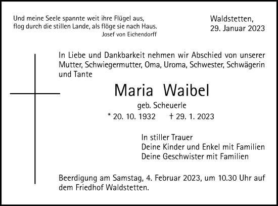 Traueranzeige von Maria Waibel von Gmünder Tagespost