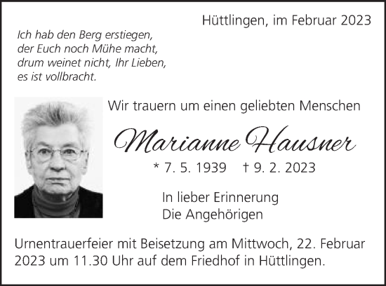 Traueranzeige von Marianne Hausner von Schwäbische Post