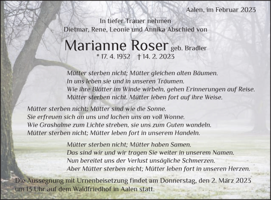 Traueranzeige von Marianne Roser von Schwäbische Post