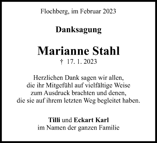 Traueranzeige von Marianne Stahl von Schwäbische Post