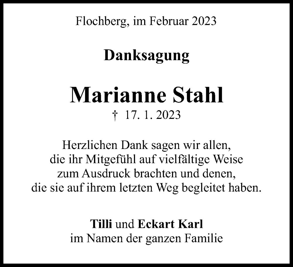  Traueranzeige für Marianne Stahl vom 04.02.2023 aus Schwäbische Post