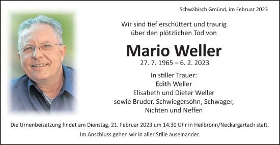 Traueranzeige von Mario Weller von Gmünder Tagespost