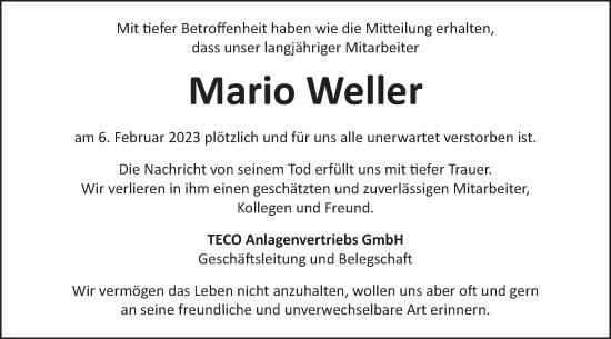 Traueranzeige von Mario Weller von Gmünder Tagespost